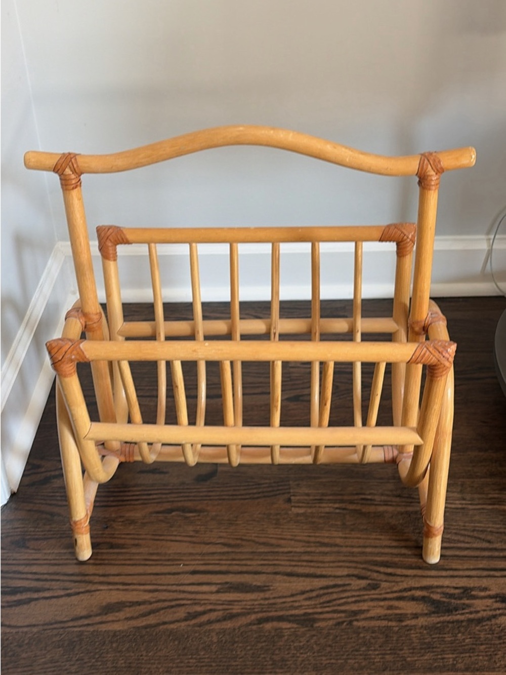 Natural Bamboo Asian Vintage Magazine Holder Rack Leather Wrapped